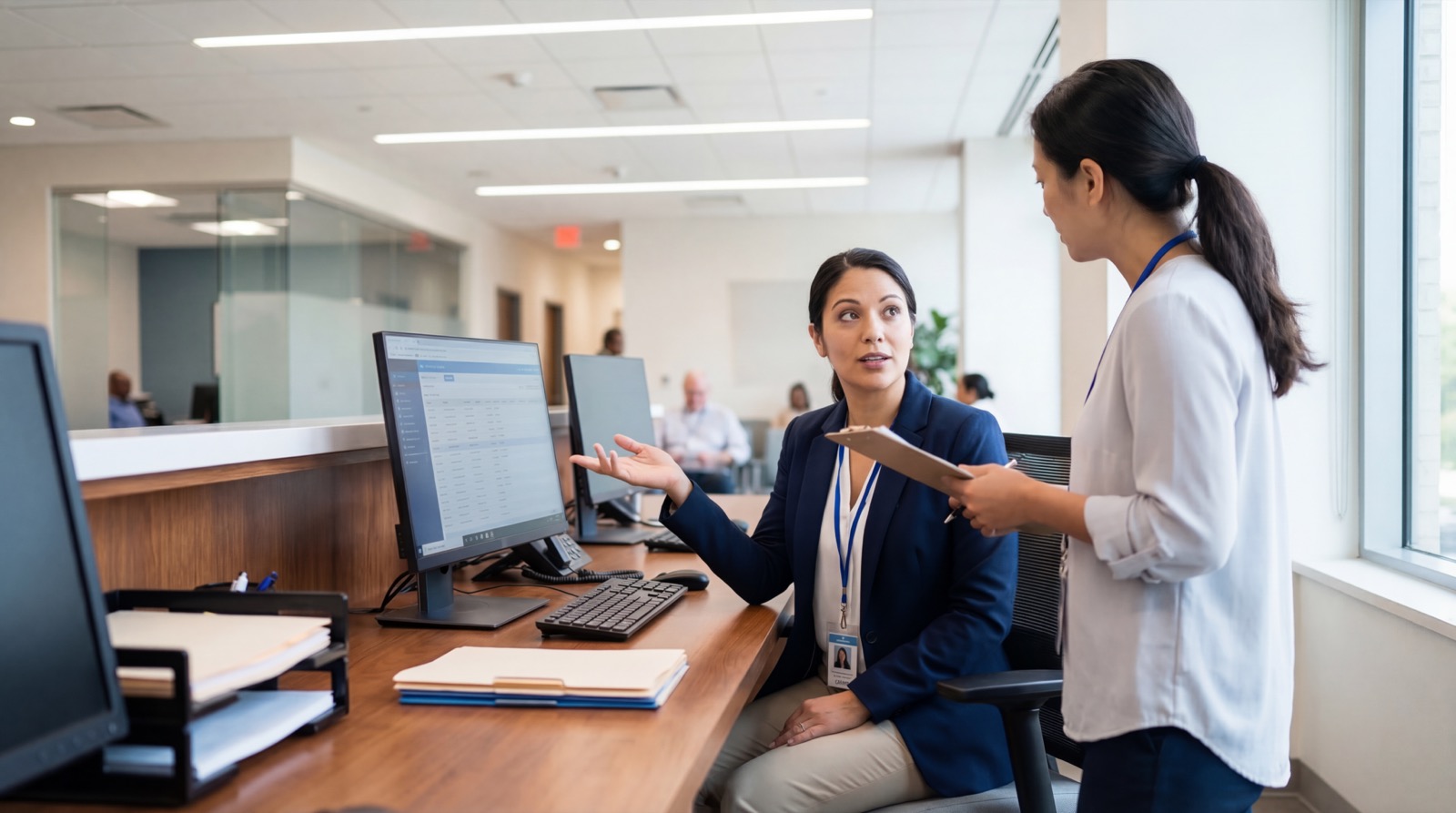 Clinic front desk coordinating pediatric patient check-in, registration, and insurance verification before visits
