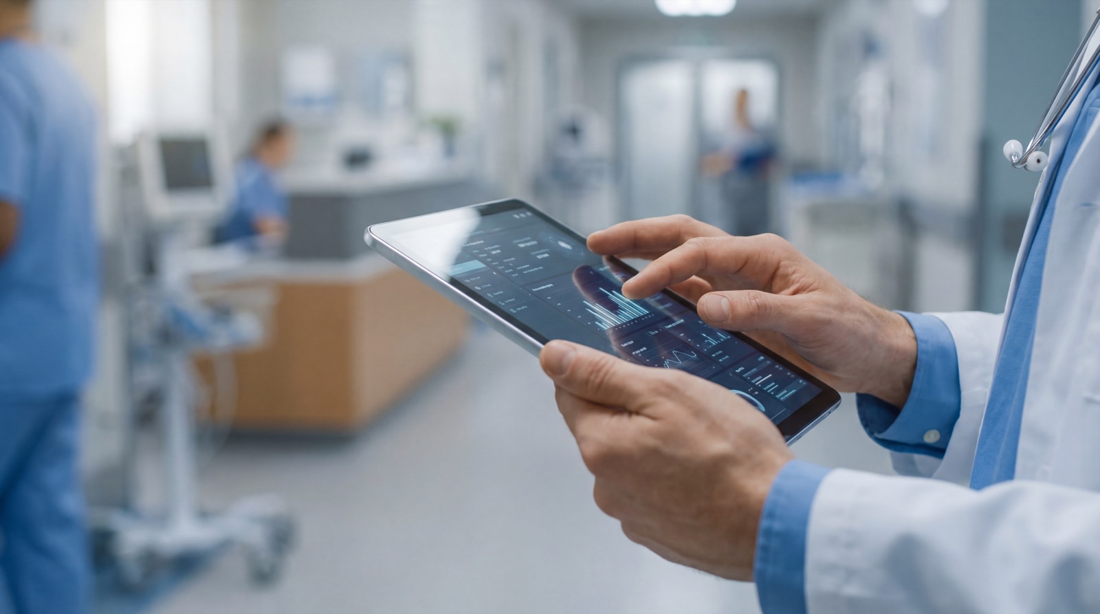 Clinician using technology in a care setting — Lumexity brand photography