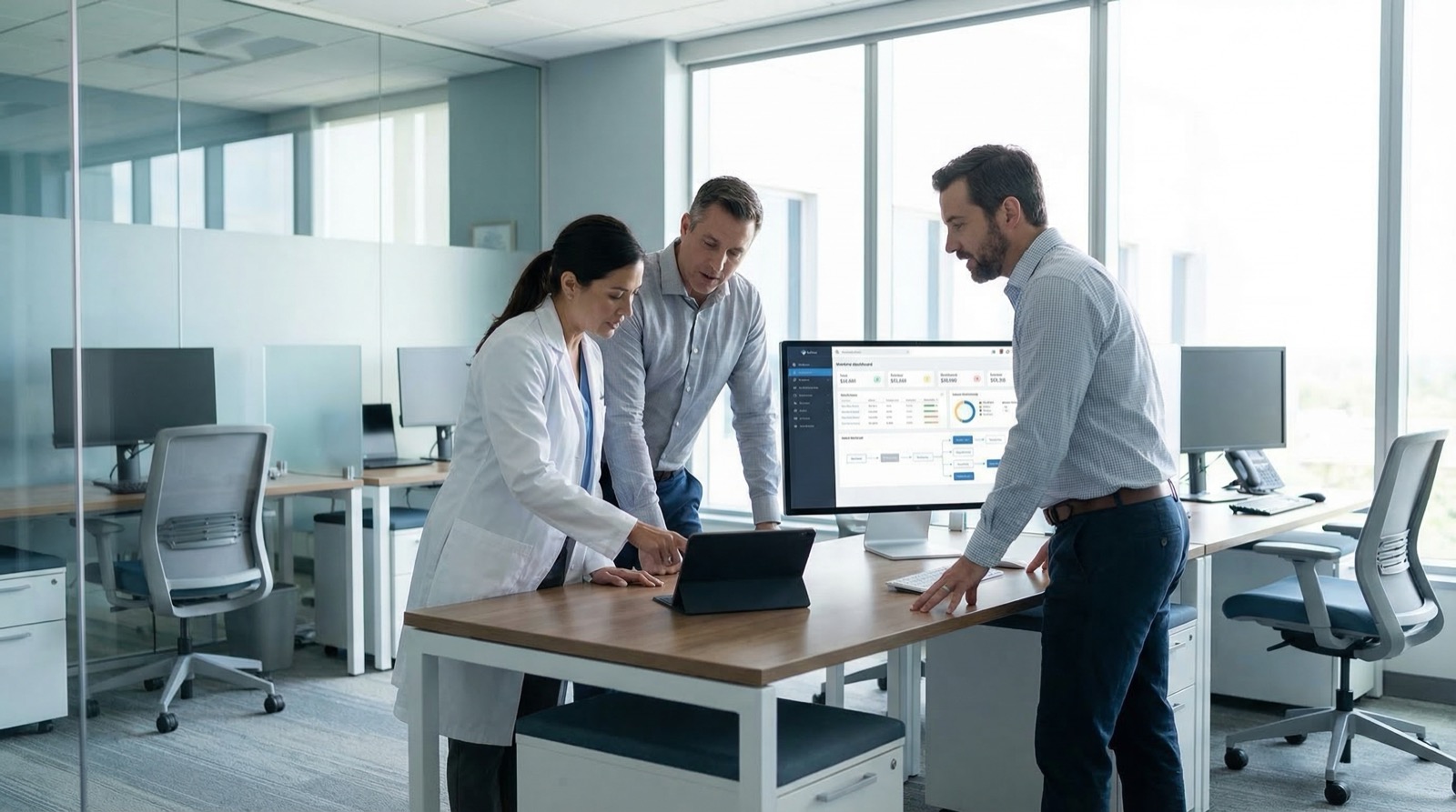 Clinical and administrative professionals collaborating over workflows — the handoffs between your practice and an outsourced billing team still have to be designed deliberately