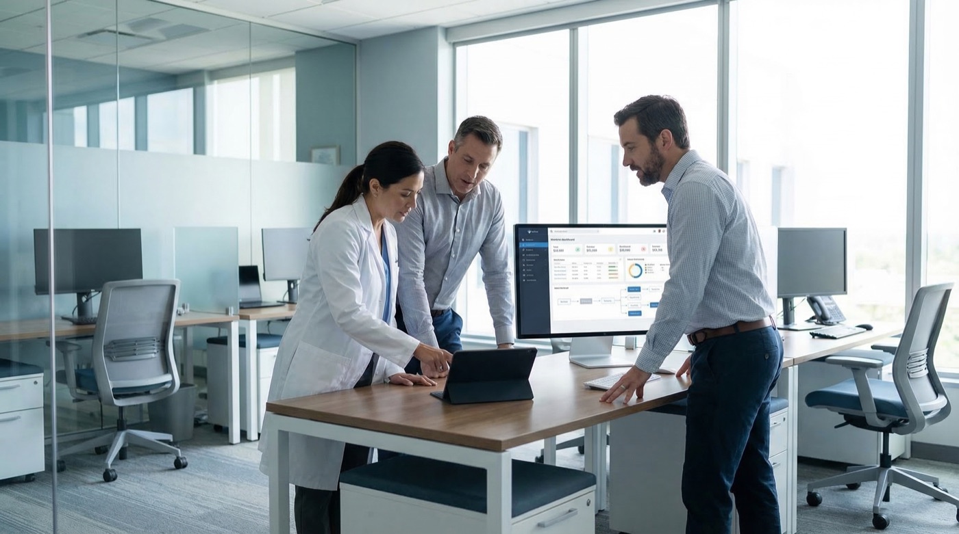 Healthcare staff coordinating operational workflows — Lumexity brand photography