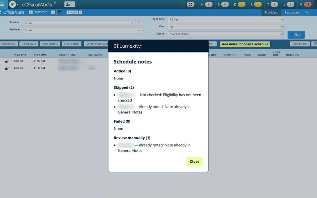 Lumexity schedule notes panel over eClinicalWorks Office Visits, listing added, skipped, and review results for the day's appointments